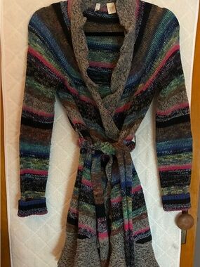 Moth Multicolor Striped Shawl Collar Belted Cardigan - Gray, Blue, Pink, Green